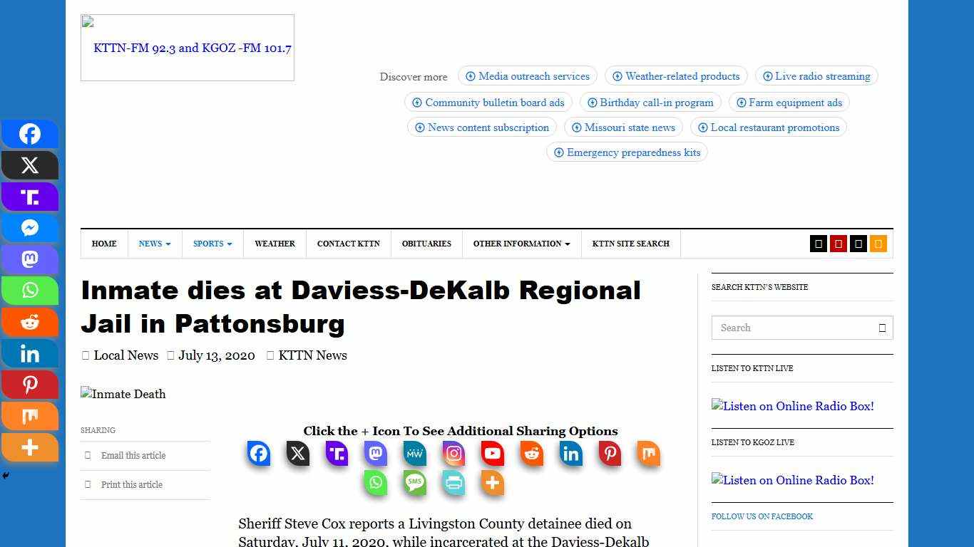 Inmate dies at Daviess-DeKalb Regional Jail in Pattonsburg